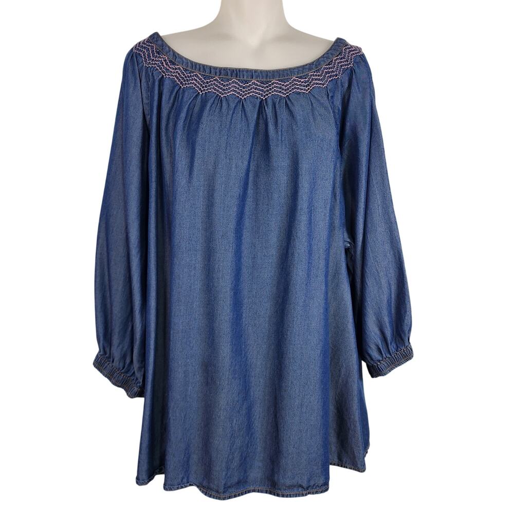 Mira Womens Tunic Top Chambray Denim Blue Embroidered 3/4 Sleeve Lyocell XXL